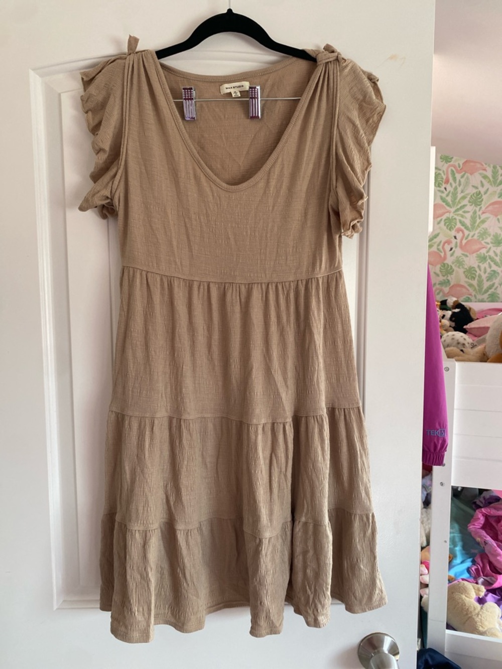 Max Studio Beige Tiered V-Neck Midi Dress with Ruffle Sleeves